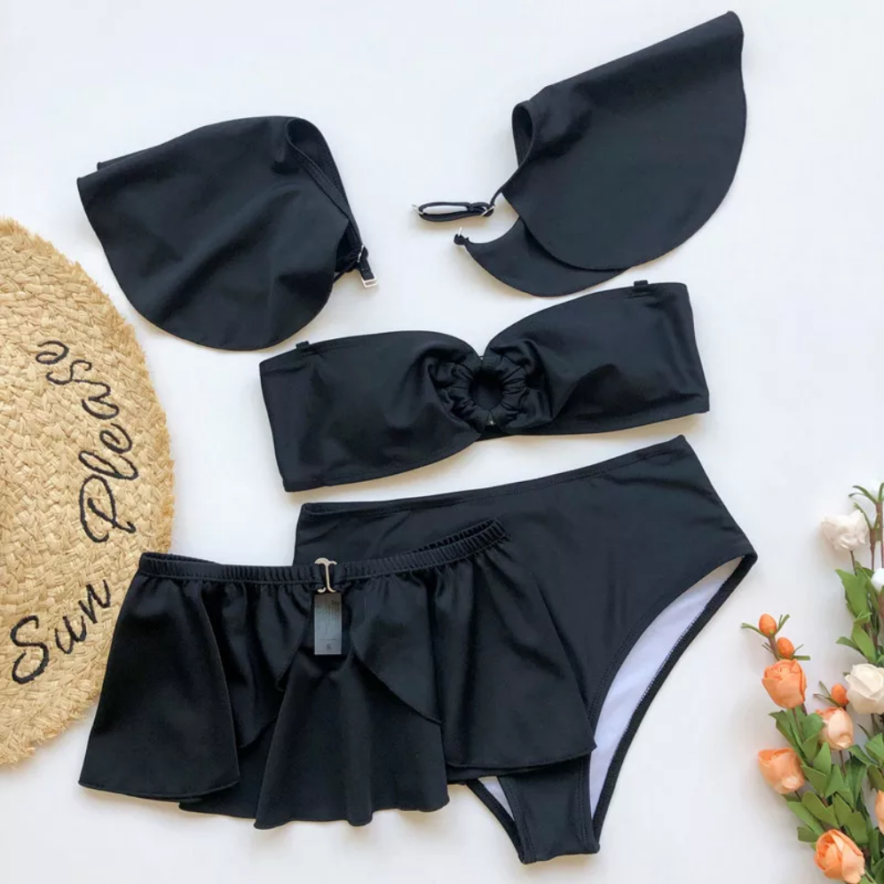 ENJOYW 3Pcs/Set Skirt Bikini Solid Color Bandage Sexy Off Shoulder Backless  Bathing Suit for SwimmingPolyester 